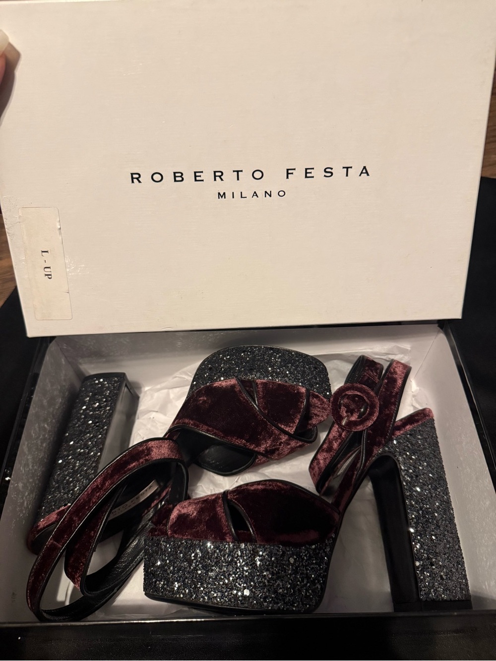 Roberto Festa Milano Burgundy Velvet Glitter Block Heel Platform Sandals 38 NEW